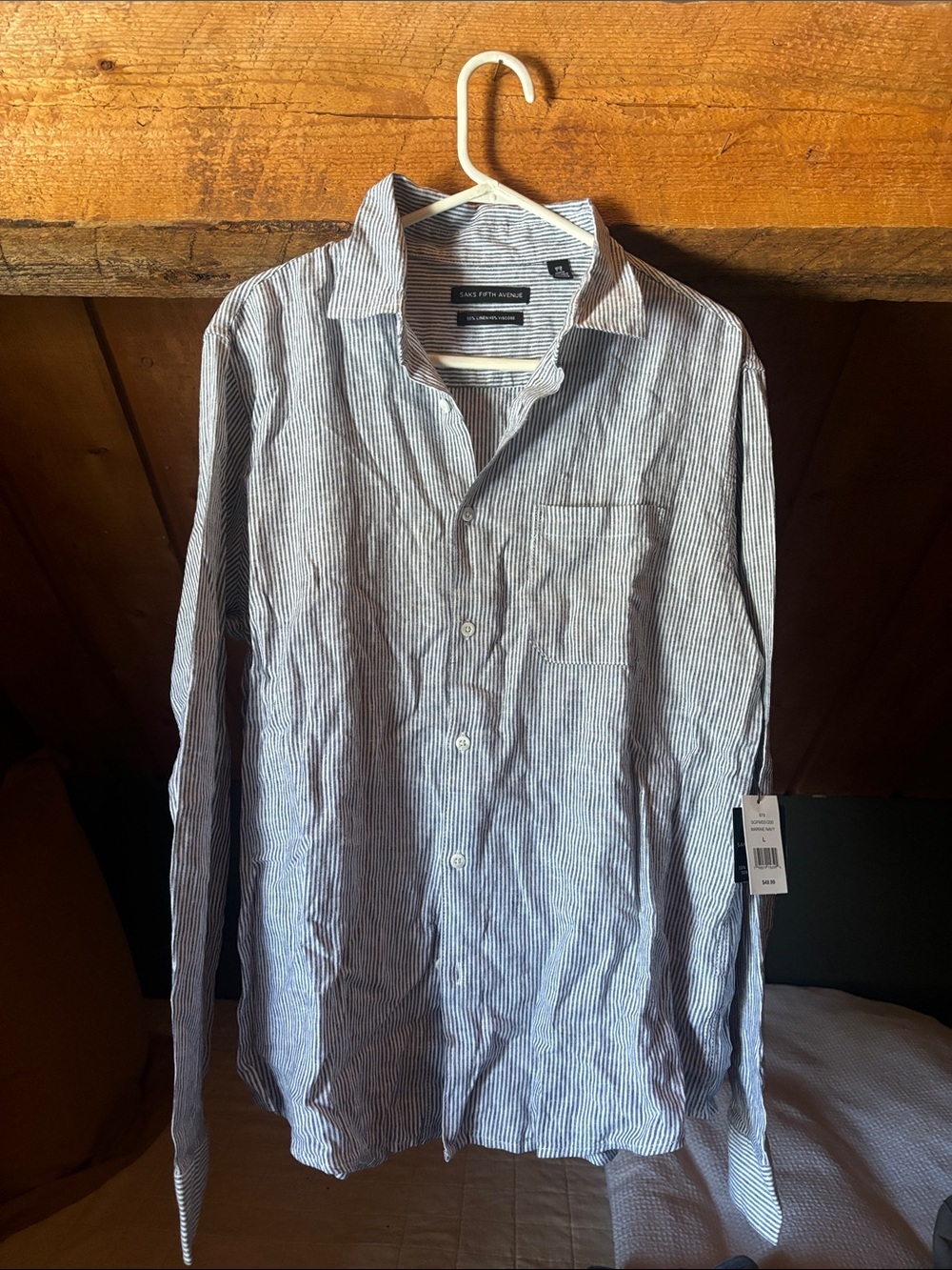 Saks Fifth Avenue White and Blue Pinstripe Button-Down Shirt